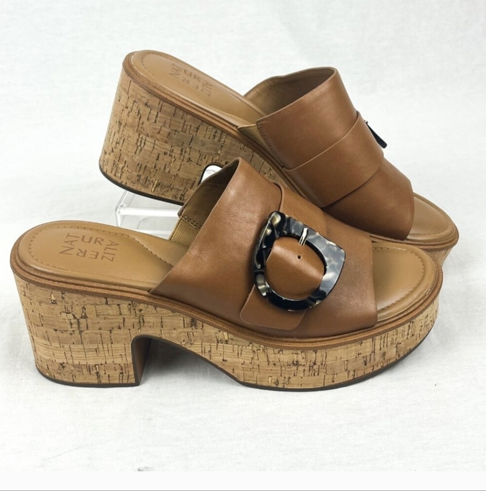 Naturalizer Shoes, Size 7M, Leather, Sandal Slides, Toffee Beige, Cork Platform